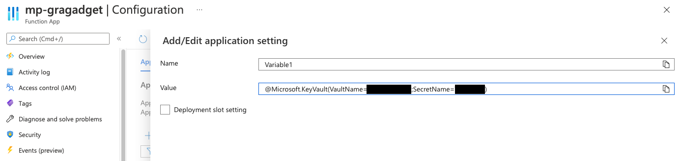 Set a secret within Azure KeyVault to App settings of Azure Functions