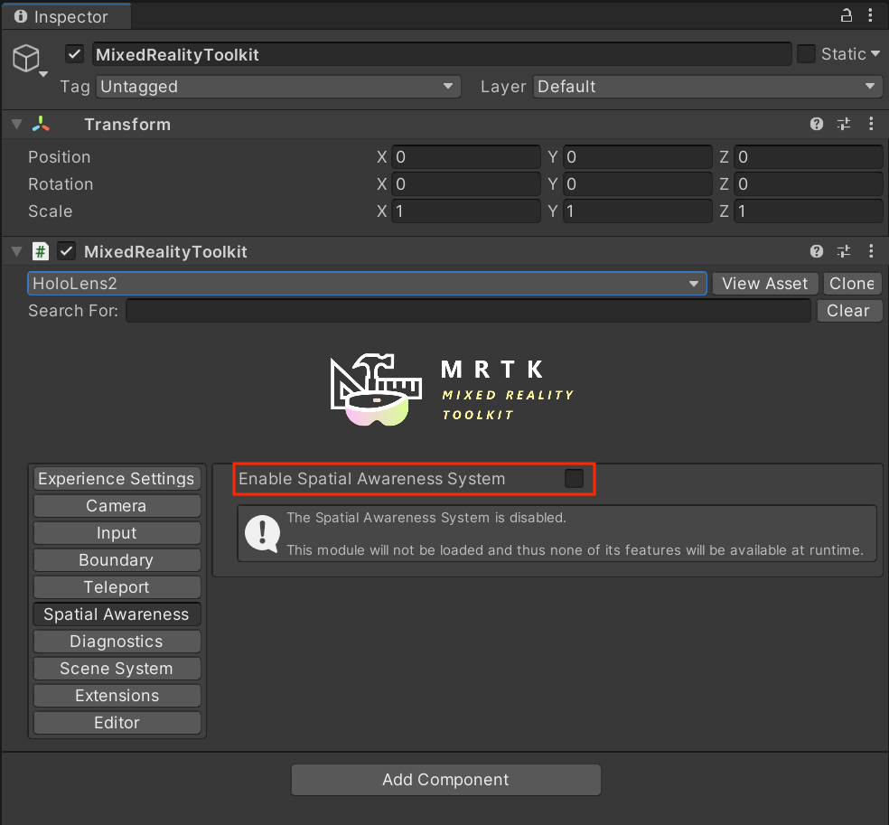 Disable the Spatial Awareness System of HoloLens with MRTK on Unity